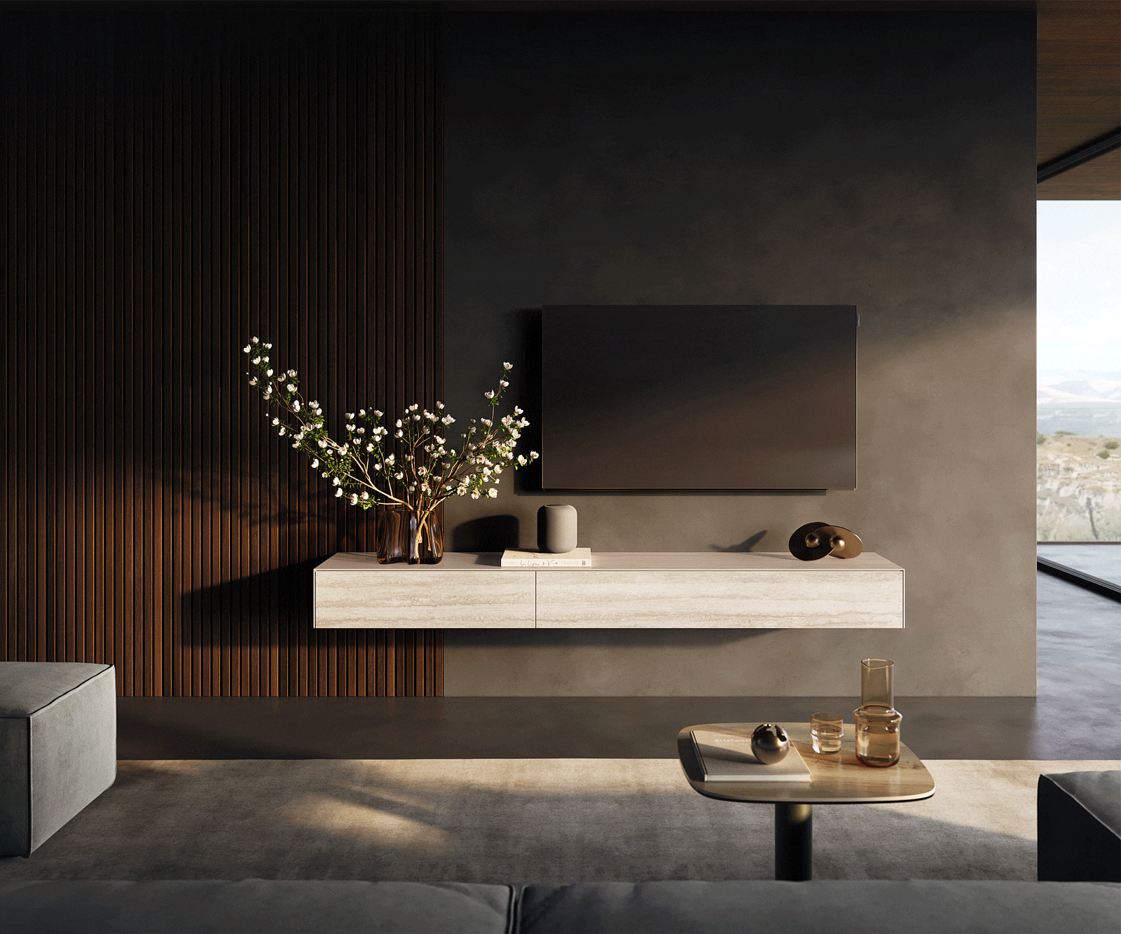 Tv-meubel Cuor 200 cm Keramiek Laminam® Travertino Bianco Crème-wit 1 Flap 1 Lade Zwevend 3 Tv-meubel Cuor 200 cm Keramiek Laminam® Travertino Bianco Crème-wit 1 Flap 1 Lade Zwevend 3