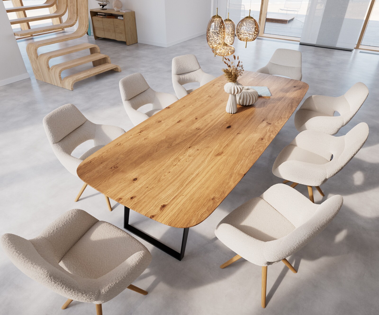 Eettafel Edge Boot 300x120x2,5-3 eiken natuur metaal schuin zwart  Schweizer Kante 4