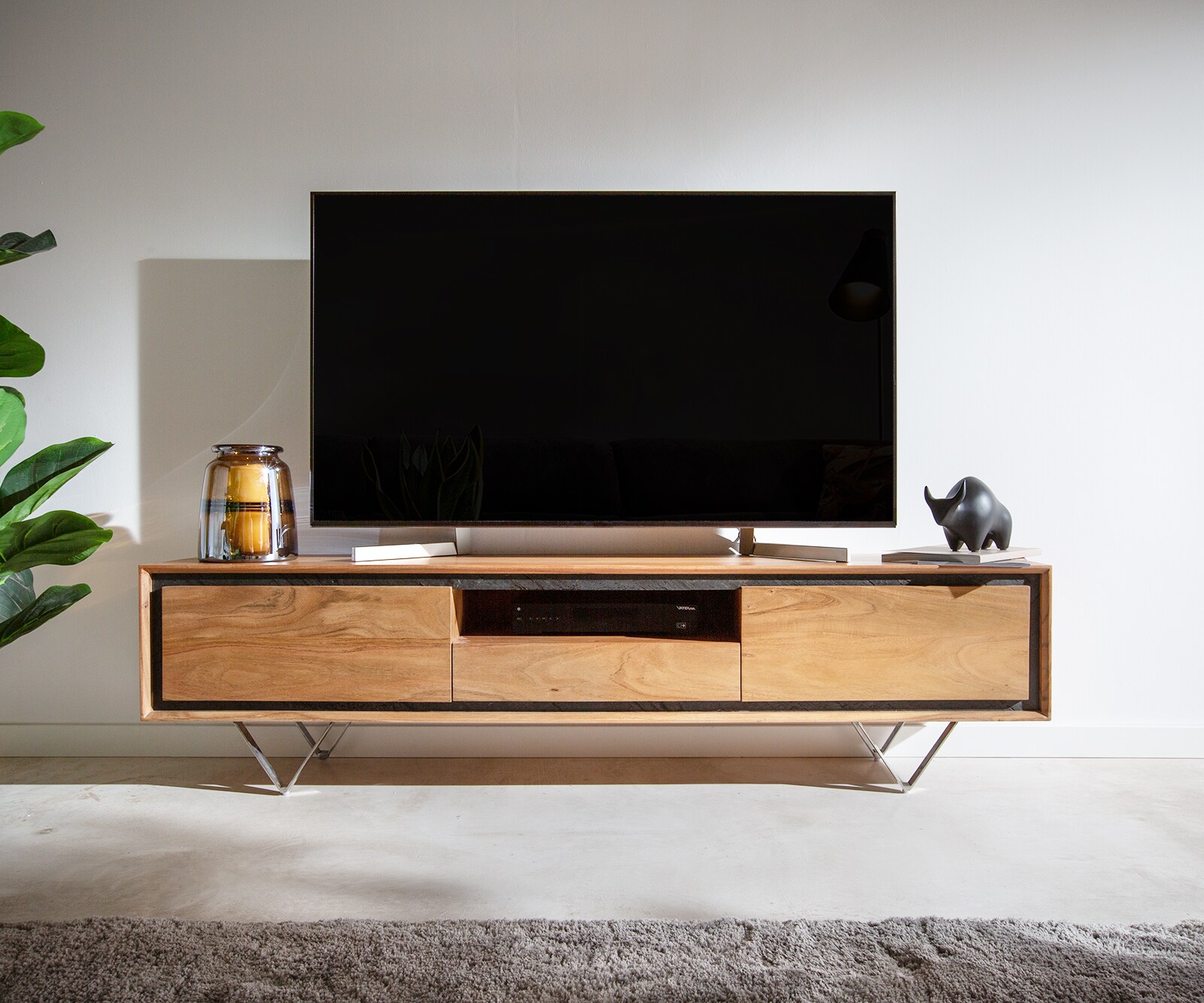 Tv-meubel Stonegrace 175 cm acacia natuur 2 deuren 1 legplank 1 lade steenfineer V-poot 1