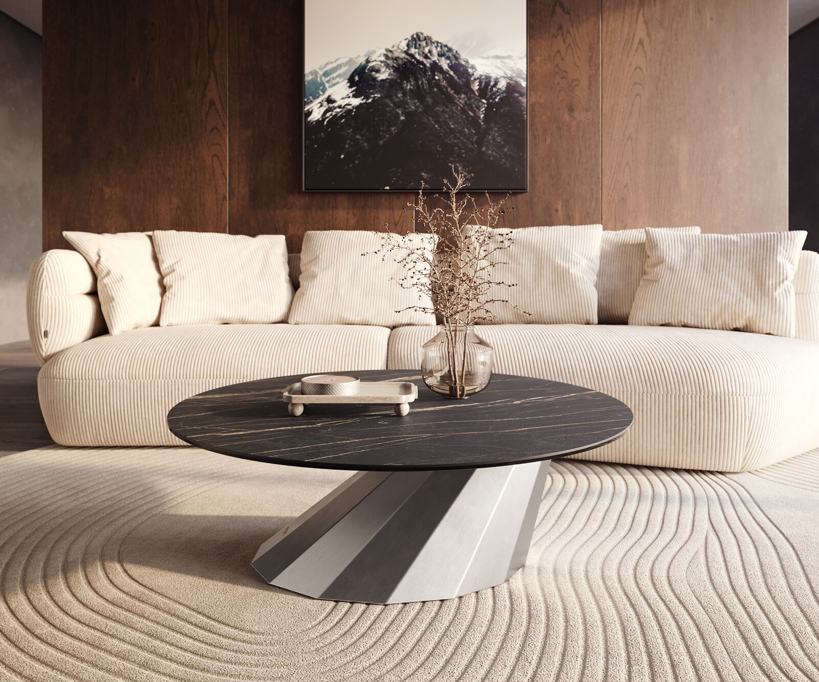 Salontafel Edge rond 100x100 cm keramiek Laminam® Noir Desir bruin Parabi geborsteld roestvrij staal 6