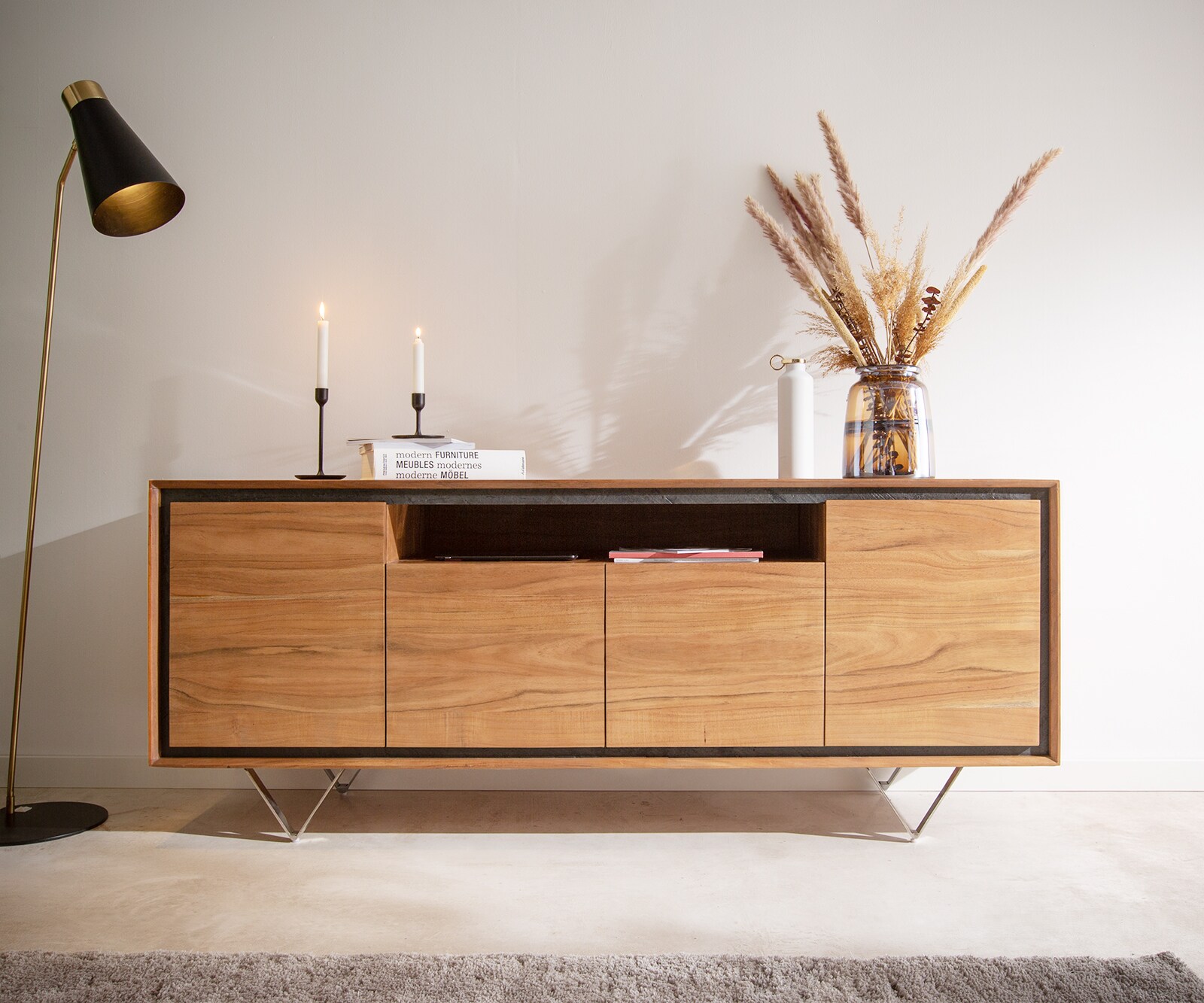 Dressoir Stonegrace 175 cm acacia natuur 4 deuren 1 legplank steenfineer V-poot 1