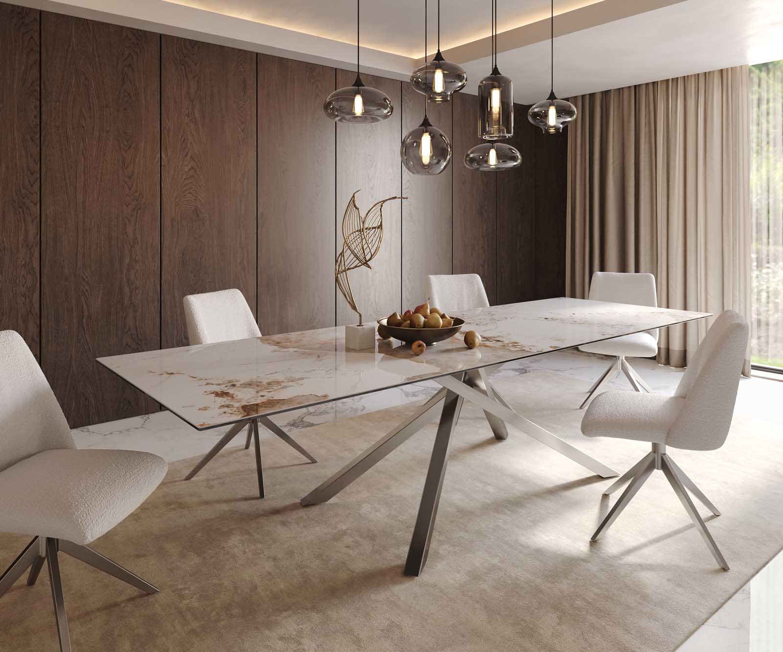 Eetkamertafel Edge 300x100 keramiek Minas Melange wit-beige kruisframe rechthoek RVS