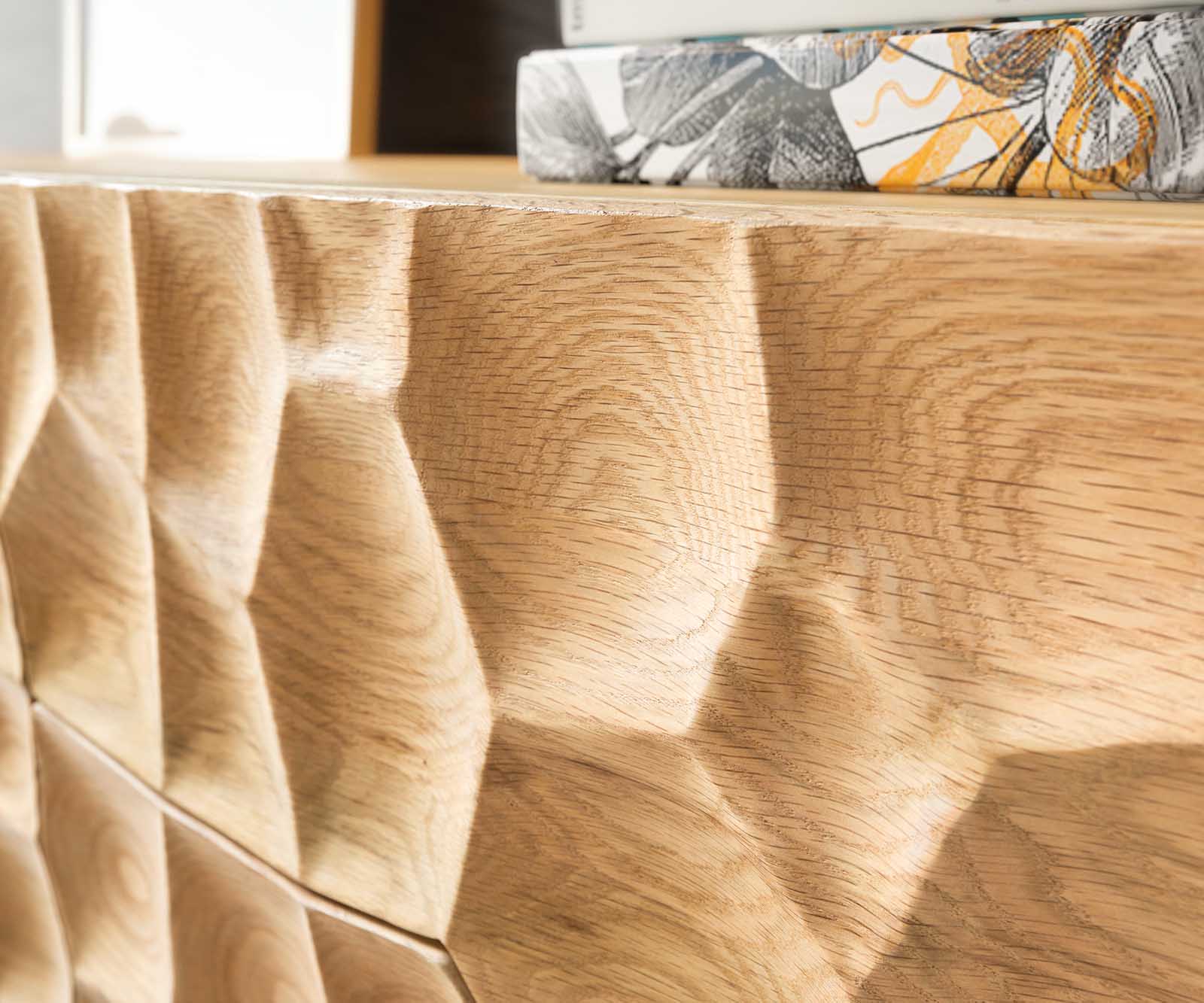 Dressoir Solu 145 cm natuur eiken 2 deuren 3 laden onderstel zwevend metaal zwart 3D front 4