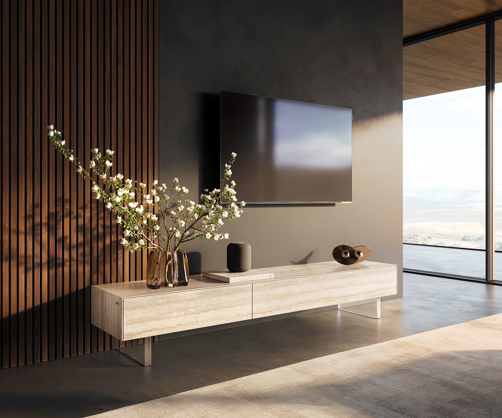 Tv-meubel Cuor 200 cm Keramiek Laminam® Travertino Bianco Crème-wit 1 Flap 1 Lade Zwevende voet look Acrylglas