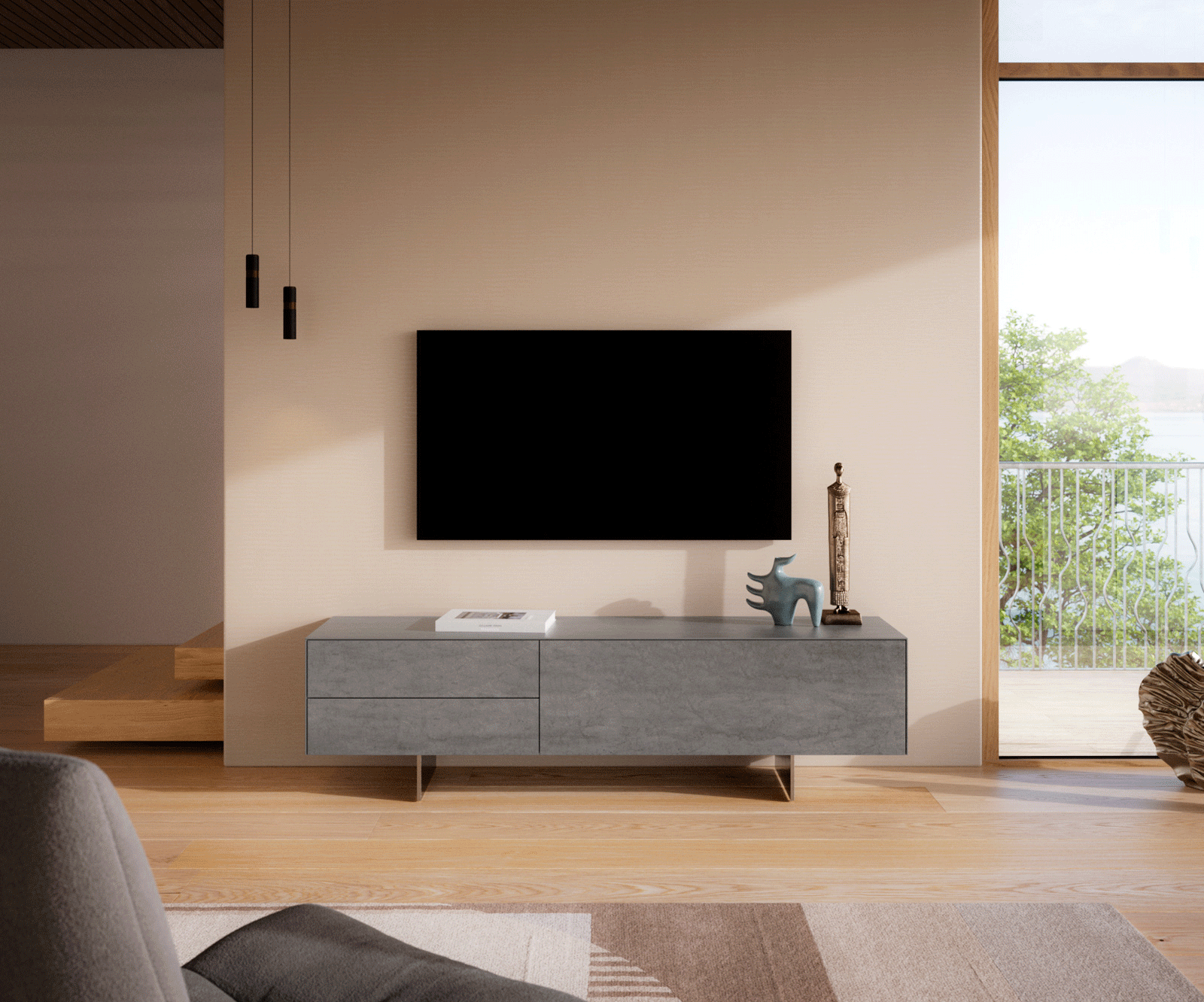 Tv-meubel Cuor 180 cm Keramiek Beton Grijs 1 Flap 2 Laden Zwevende voet look Roestvrij staal 2