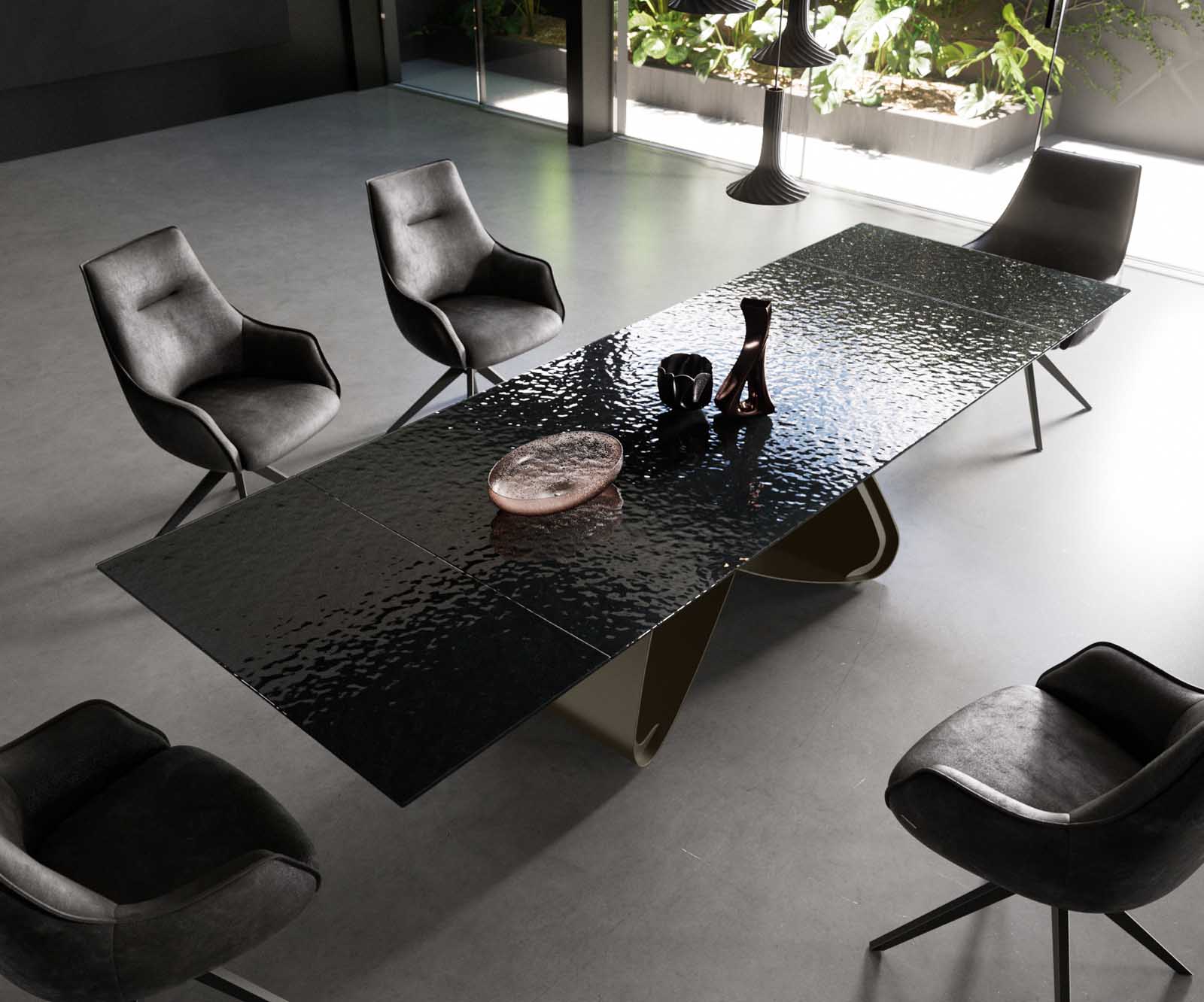 Eetkamertafel Edge 200-300x100 Glas smelten rokerig zwart 3D-Relief W-frame effectafwerking Titaan uitschuifbaar 4