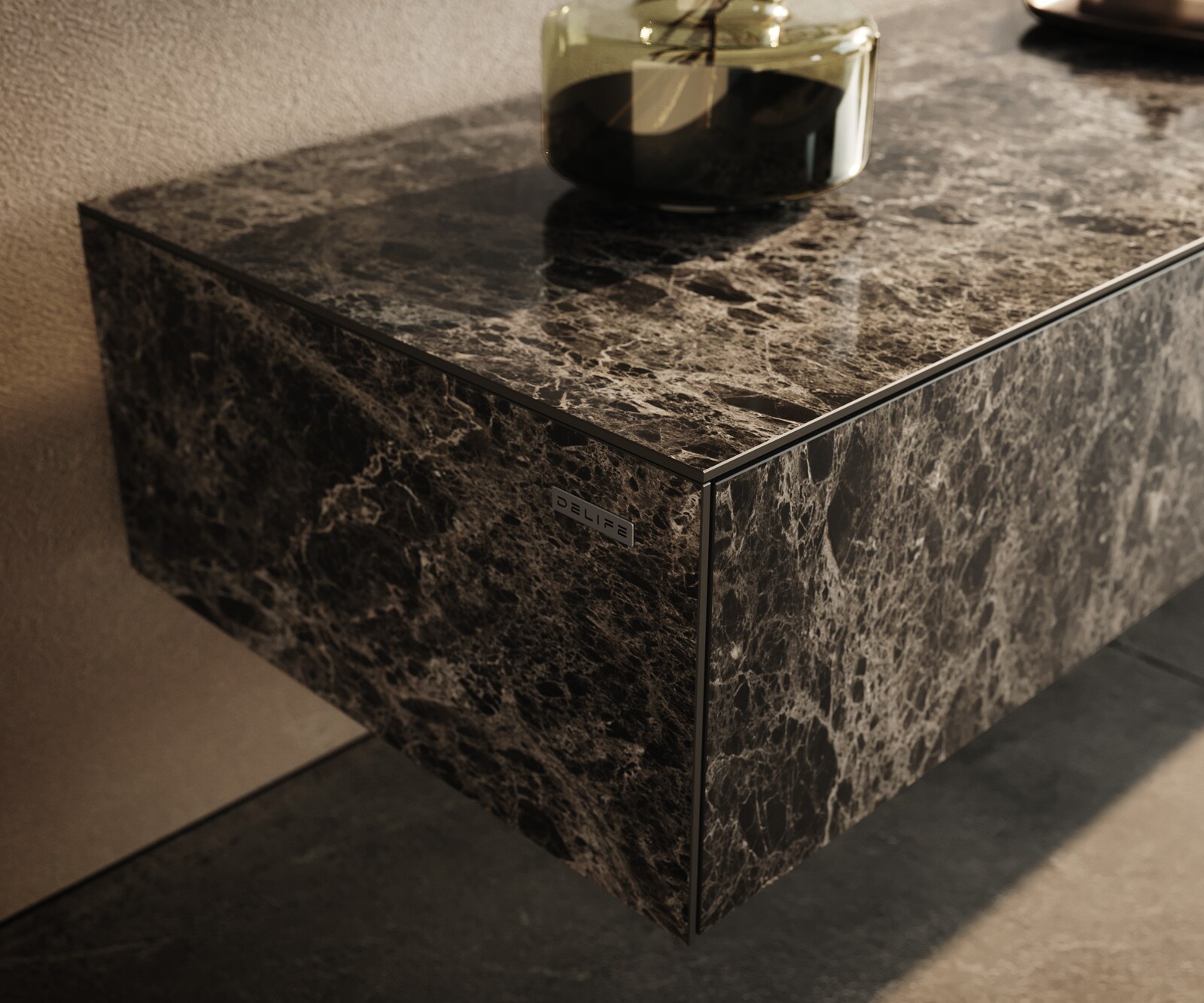 Tv-meubel Cuor 200 cm Keramiek Laminam® Emperador Extra Lucidato Donkerbruin 1 Flap 1 Lade Zwevend 5