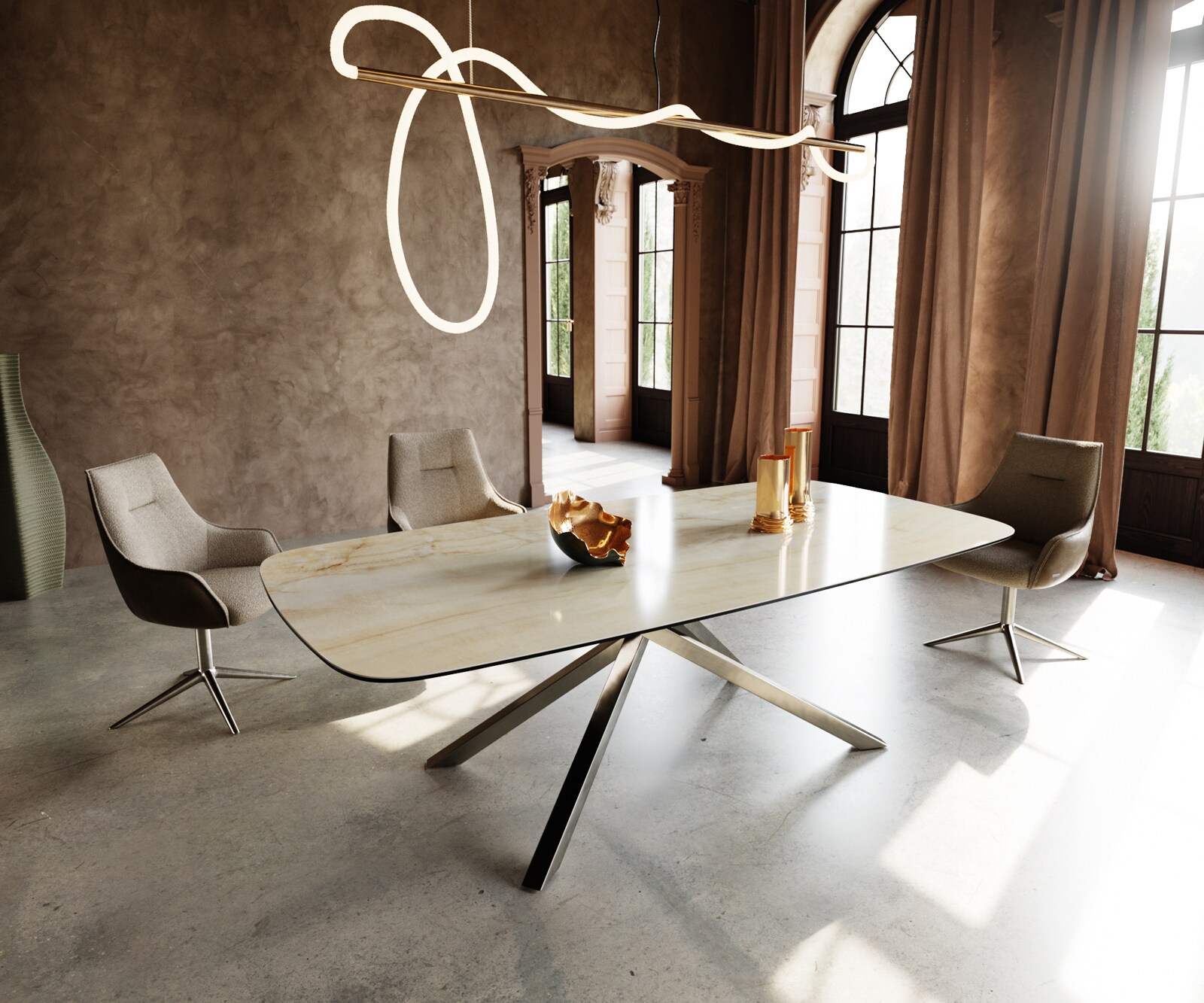 Eetkamertafel Edge Boot 240x120 cm Keramiek Iris FMG Onice Oro kruisonderstel Rechthoek Roestvrij staal 1