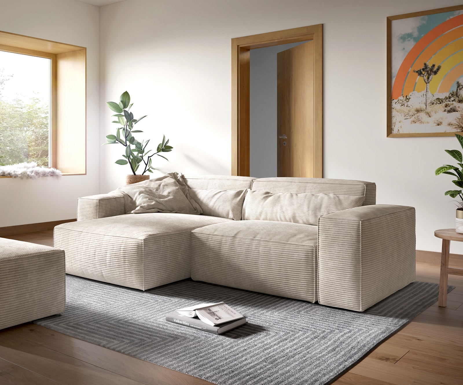 Hoekbank Sirpio XL 270x170 cm koord beige recamiere variabel met kruk Hoekbank Sirpio XL 270x170 cm koord beige recamiere variabel met kruk