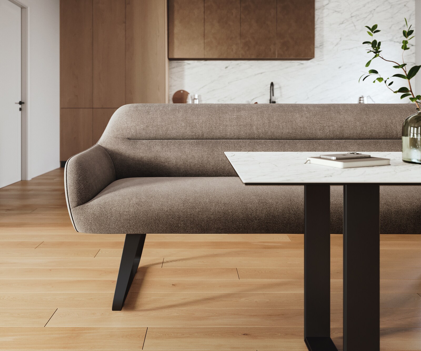 Eetkamerbank Taya-Flex 200 cm zachte stof met structuur taupe platte sledebasis zwart pocketvering 2