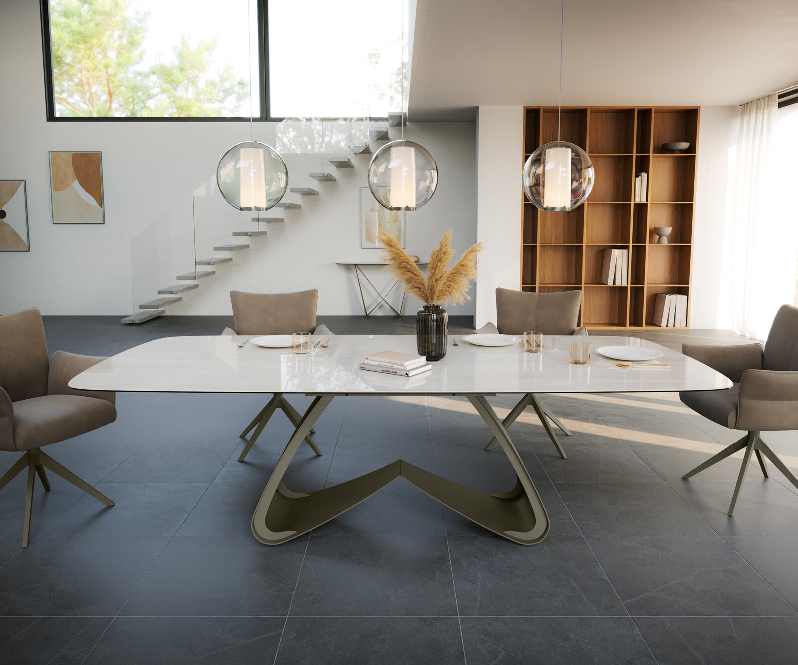 Eettafel Edge Boot 260x120 cm Keramiek Onyx Champagne W-onderstel Metaal Effectafwerking Titan 2