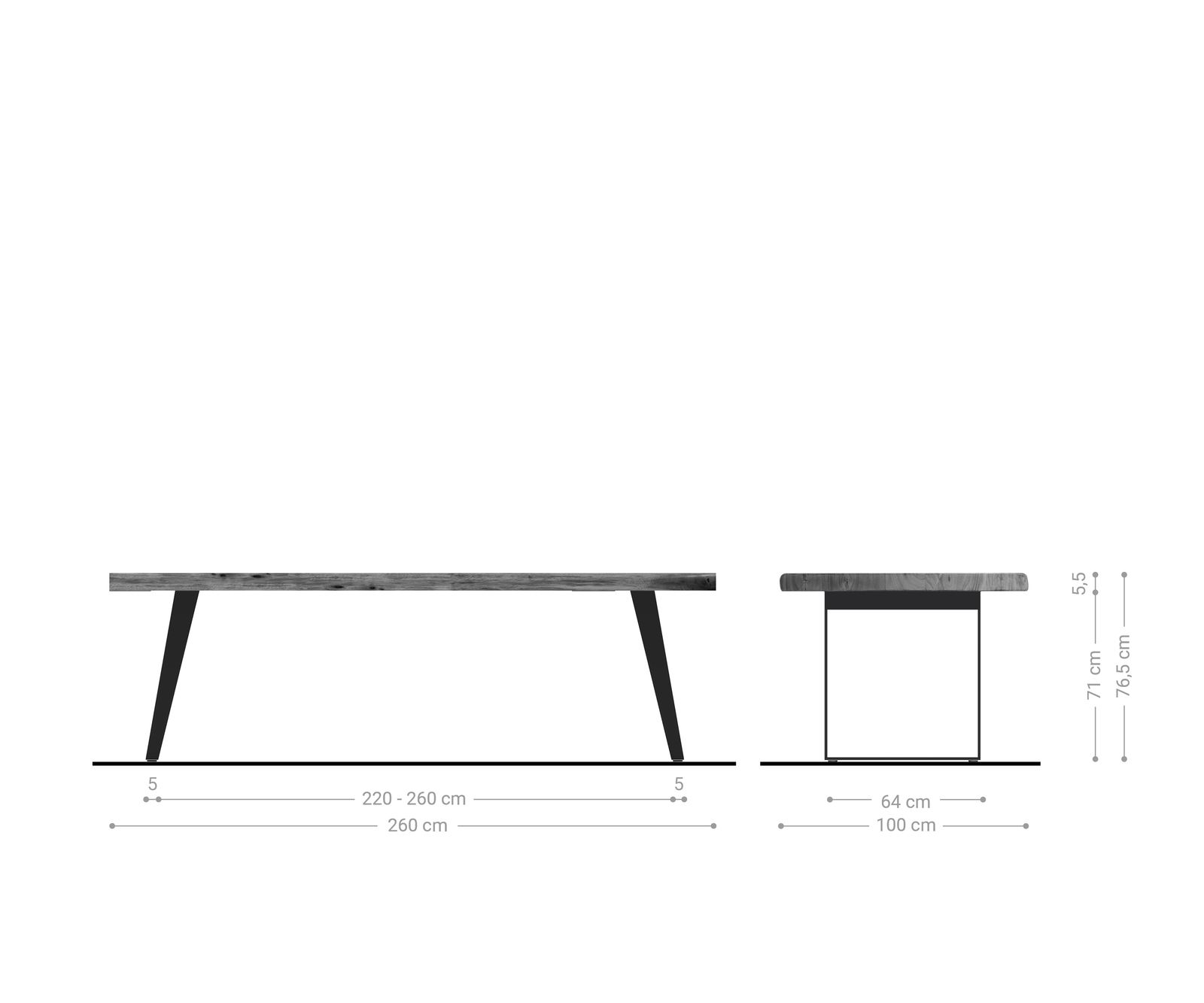 Eettafel Edge 260x100cm XL acacia natuur roestvrijstaal zilver schuin Live-Edge 7