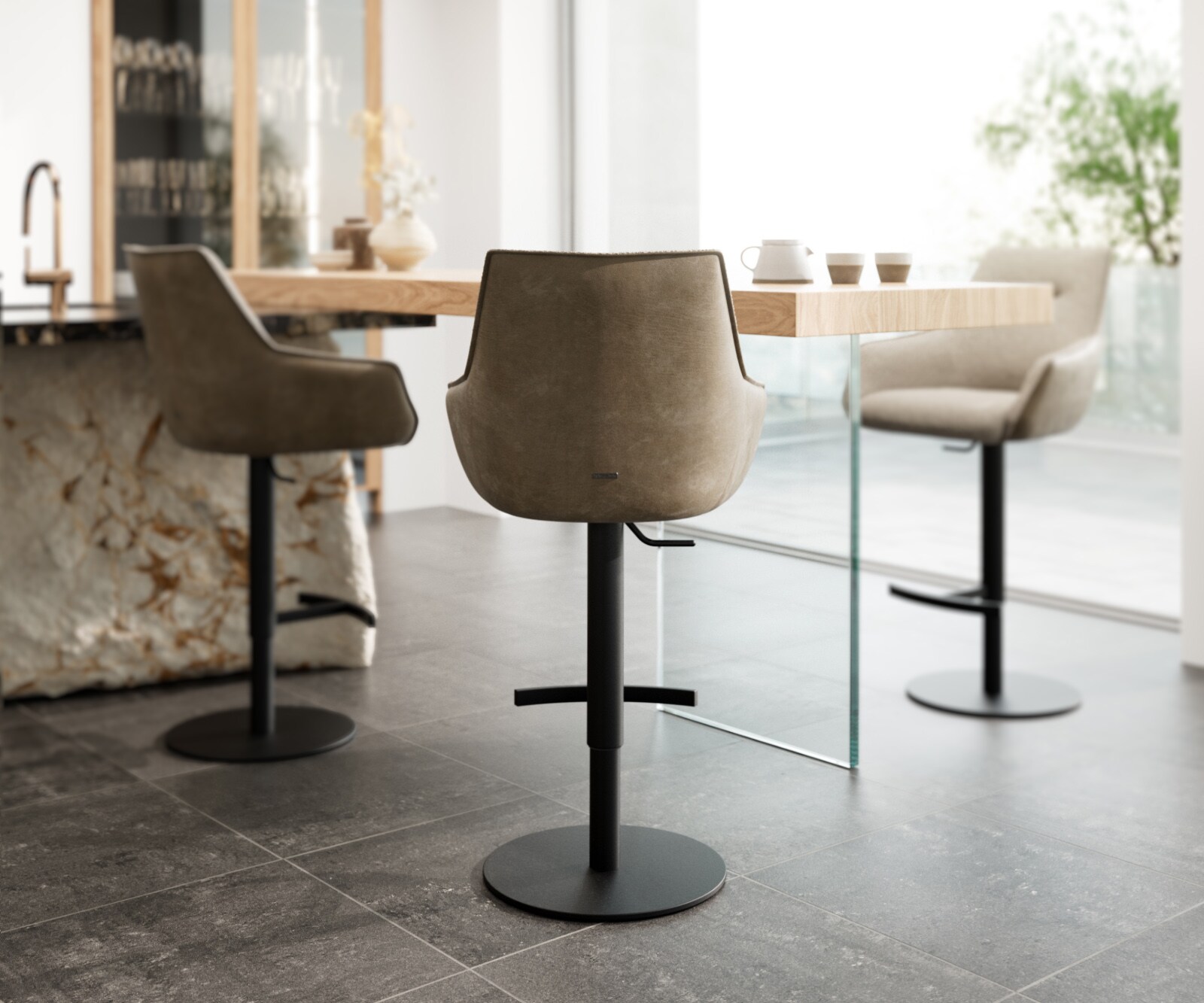 Barstoel Alja-Flex materiaalmix microvezel Mud / bouclé Mud draaivoet in hoogte verstelbaar metaal zwart draaibaar pocketvering 3