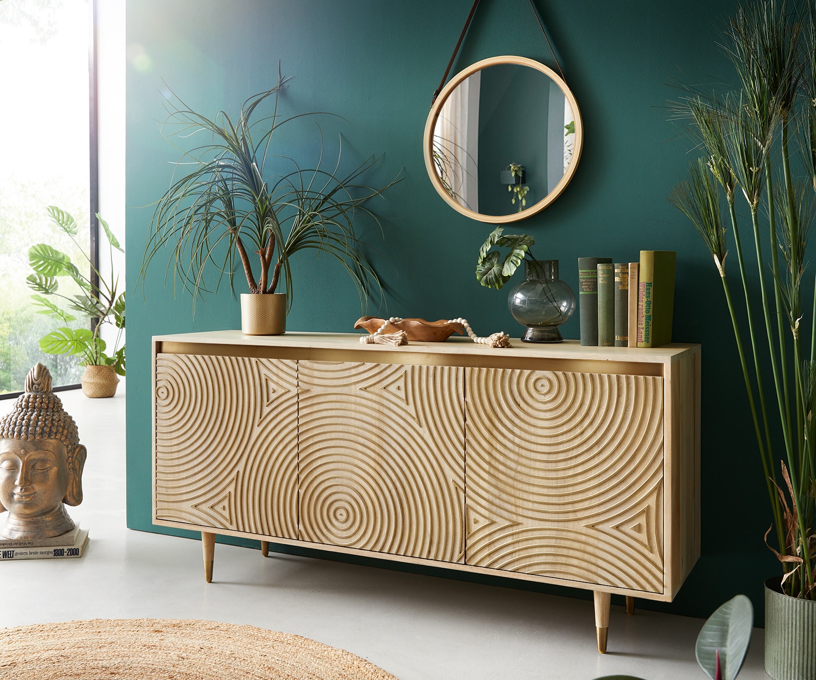 Dressoir Budaya Mango natuur 150 cm 3 deurs dressoir poot rond Dressoir Budaya Mango natuur 150 cm 3 deurs dressoir poot rond