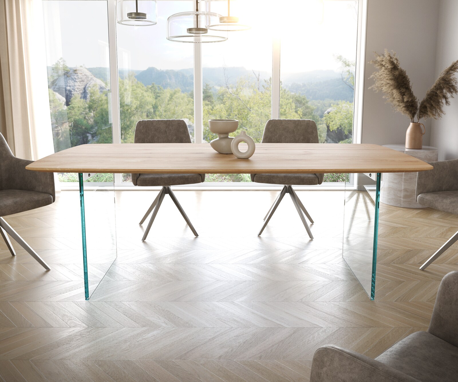 Eettafel Edge Boot 200x100x2,5-3 eiken natuur glas Schweizer Kante 2