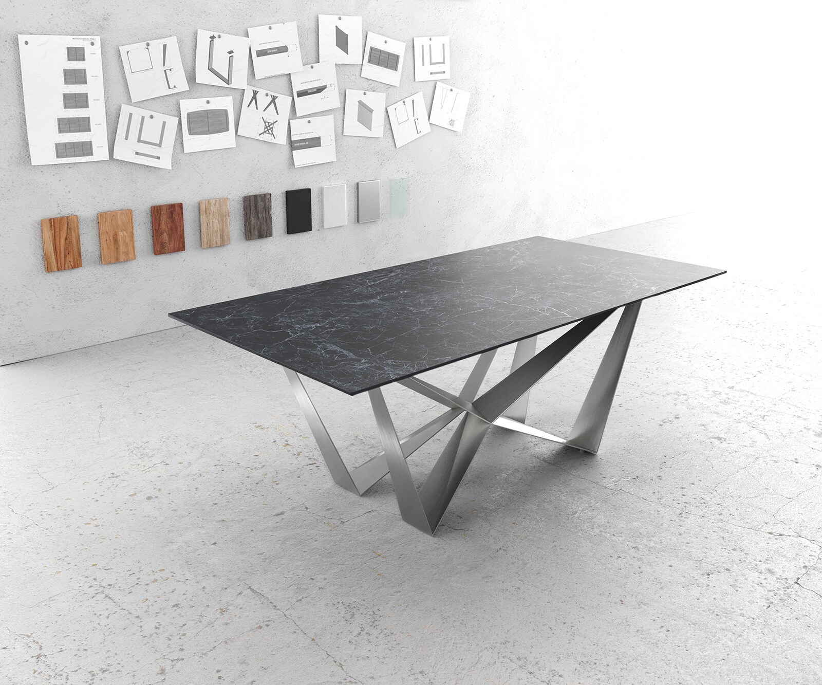 Eettafel Edge 200x100cm Laminam® keramiek grijs middenpoot vlak staal zilver