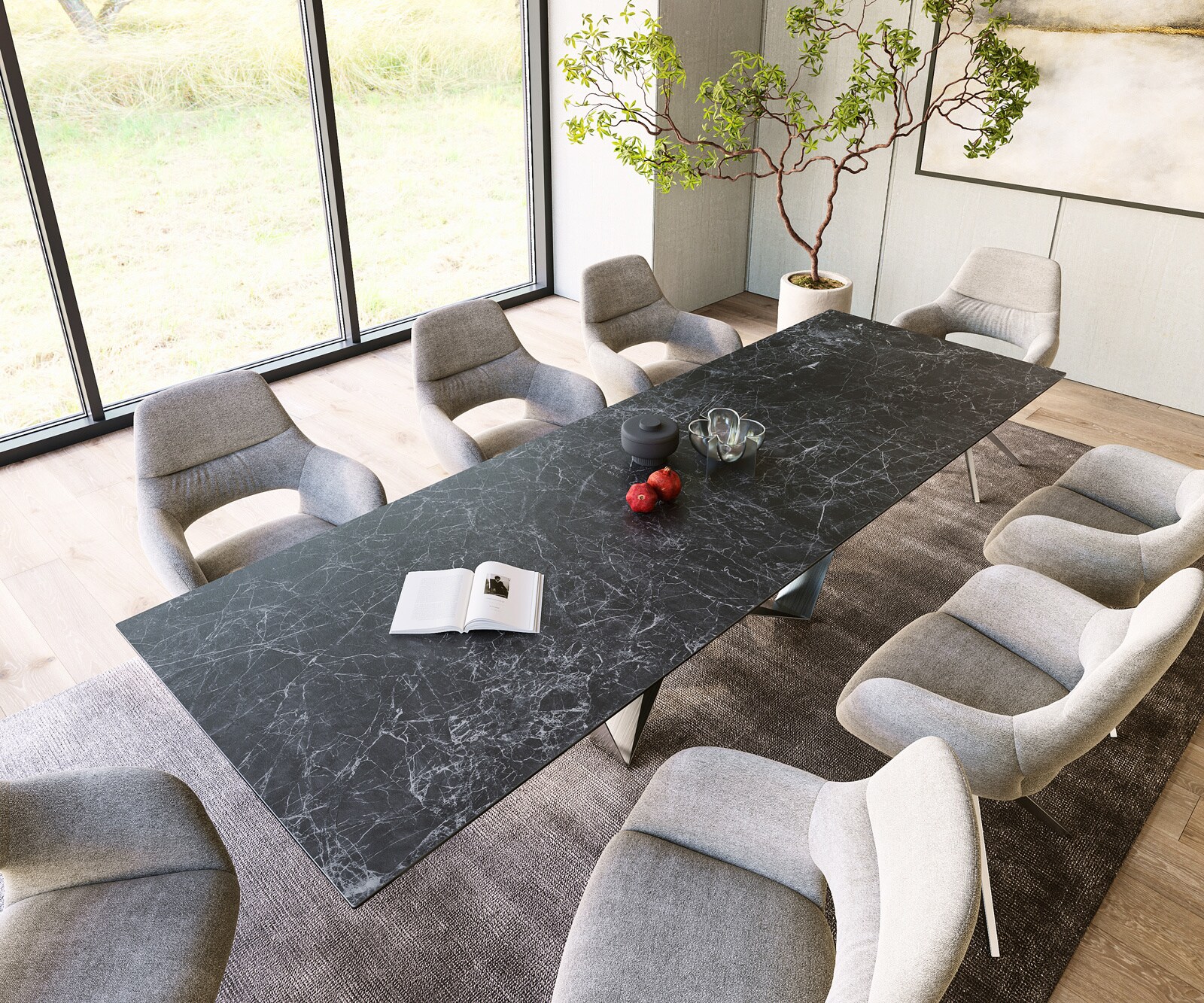 Eettafel Edge 300x100cm Laminam® keramiek grijs middenpoot vlak staal zilver 3