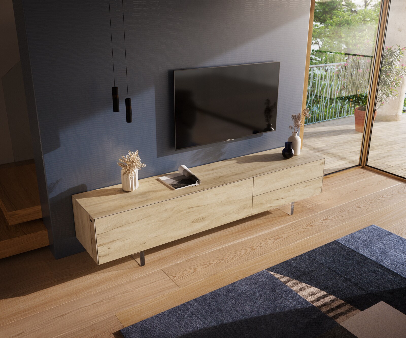 Tv-meubel Cuor 220 cm Keramiek Laminam® Sabbia Eiken gekleurd 1 Flap 2 Laden Zwevende voet look Acrylglas 4