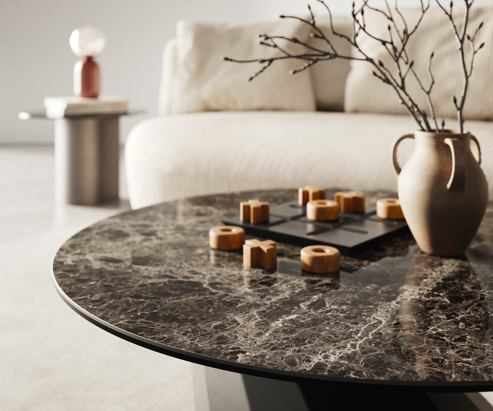 Salontafel Edge rond 90x90 cm keramiek Laminam® Emperador Extra Lucidato donkerbruin Parabi zwart metaal 4