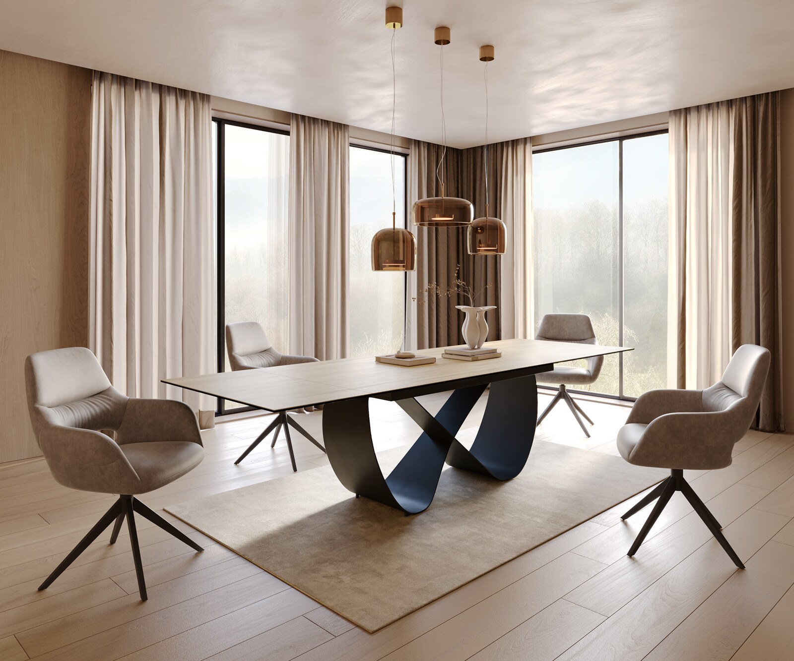 Eetkamertafel Edge 200-300x100 cm Keramiek Laminam® Sabbia eikenkleurig Infinity Metaal Zwart uitschuifbaar 6