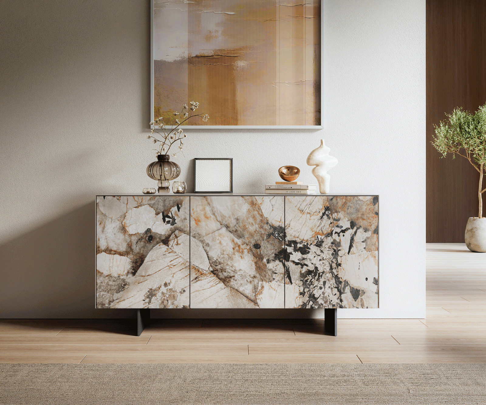 Dressoir Cuor 150 cm Keramiek Patagonia gepolijst 3 Deuren Zwevende voet look Metaal Zwart 1