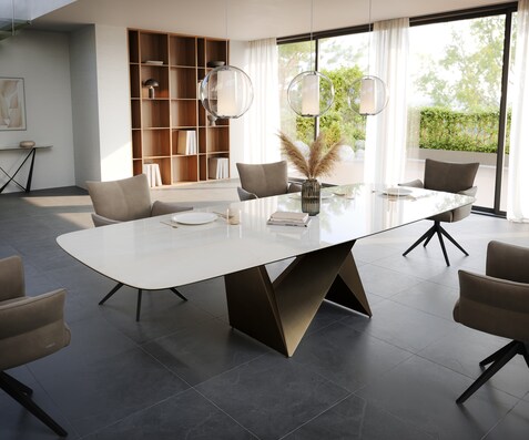 Eettafel Edge Boot 300x120 cm Keramiek Onyx Champagne Origami Metaalic Goud