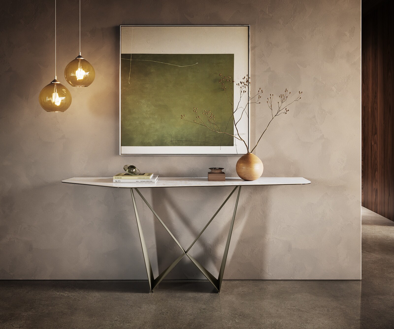 Consoletafel Edge Polygonaal 180x50 cm Keramiek Onyx Pearl Spios Metaal Effektfinish Titan 4