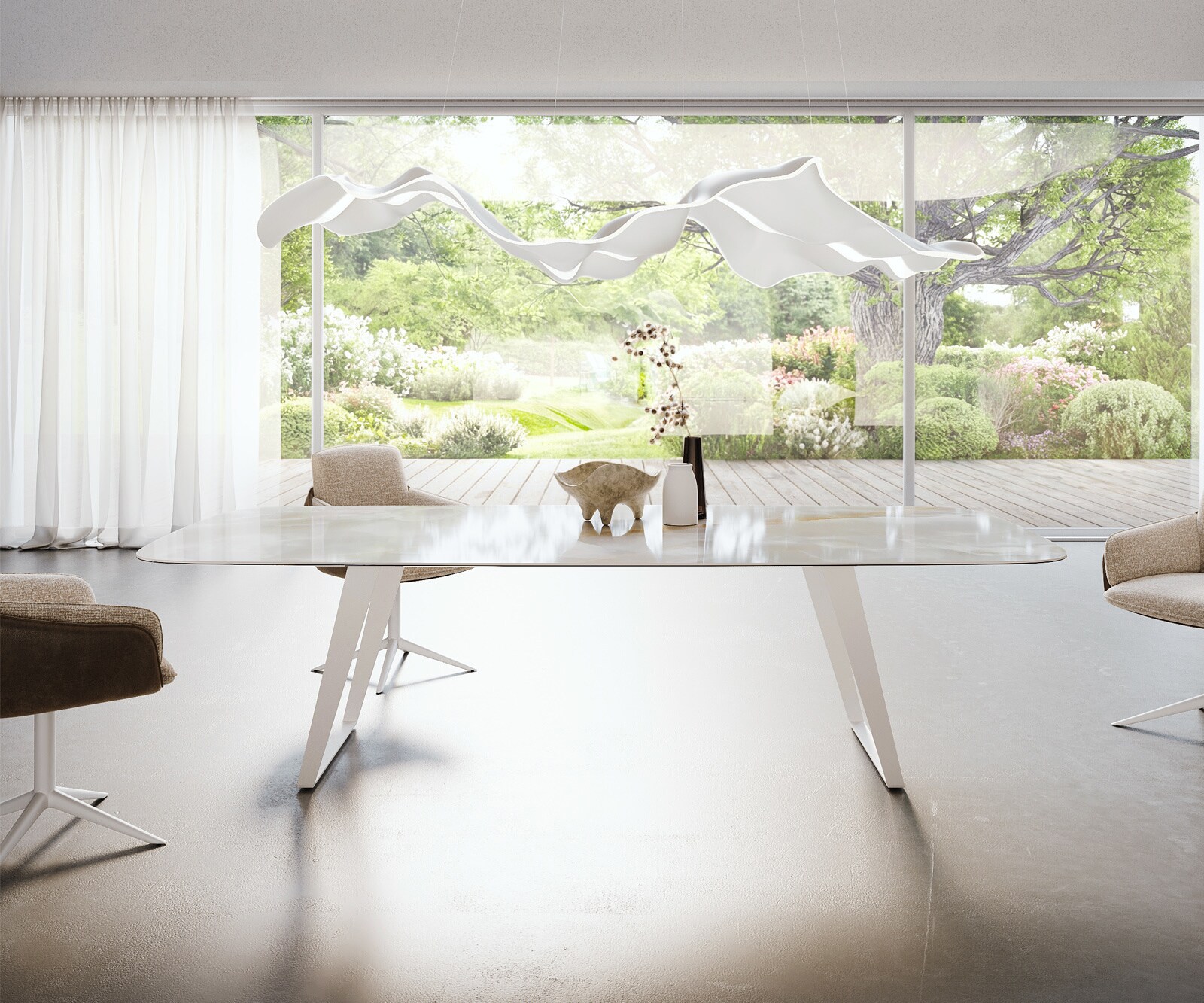 Eetkamertafel Edge Boot 270x120 cm Keramiek Iris FMG Onice Grigio Metaal Schuin Wit 2