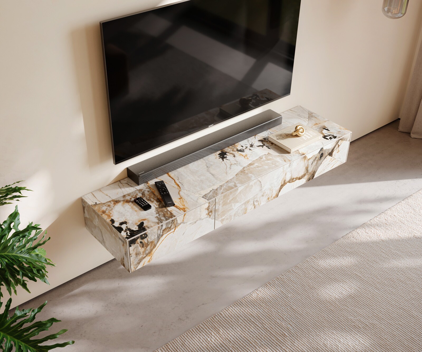 Tv-meubel Cuor 150 cm Keramiek Patagonia gepolijst 1 Flap 1 Laden Zwevend 4