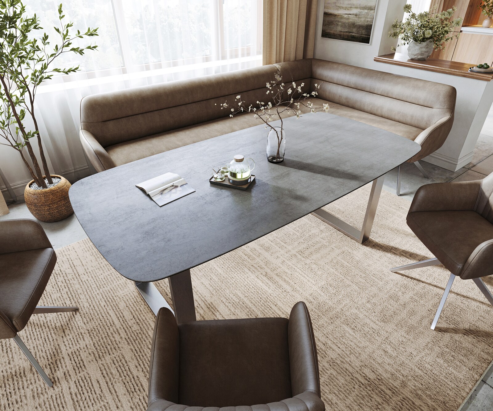 Eettafel Edge boot 200x100 cm keramiek beton grijs roestvrij staal smal 4