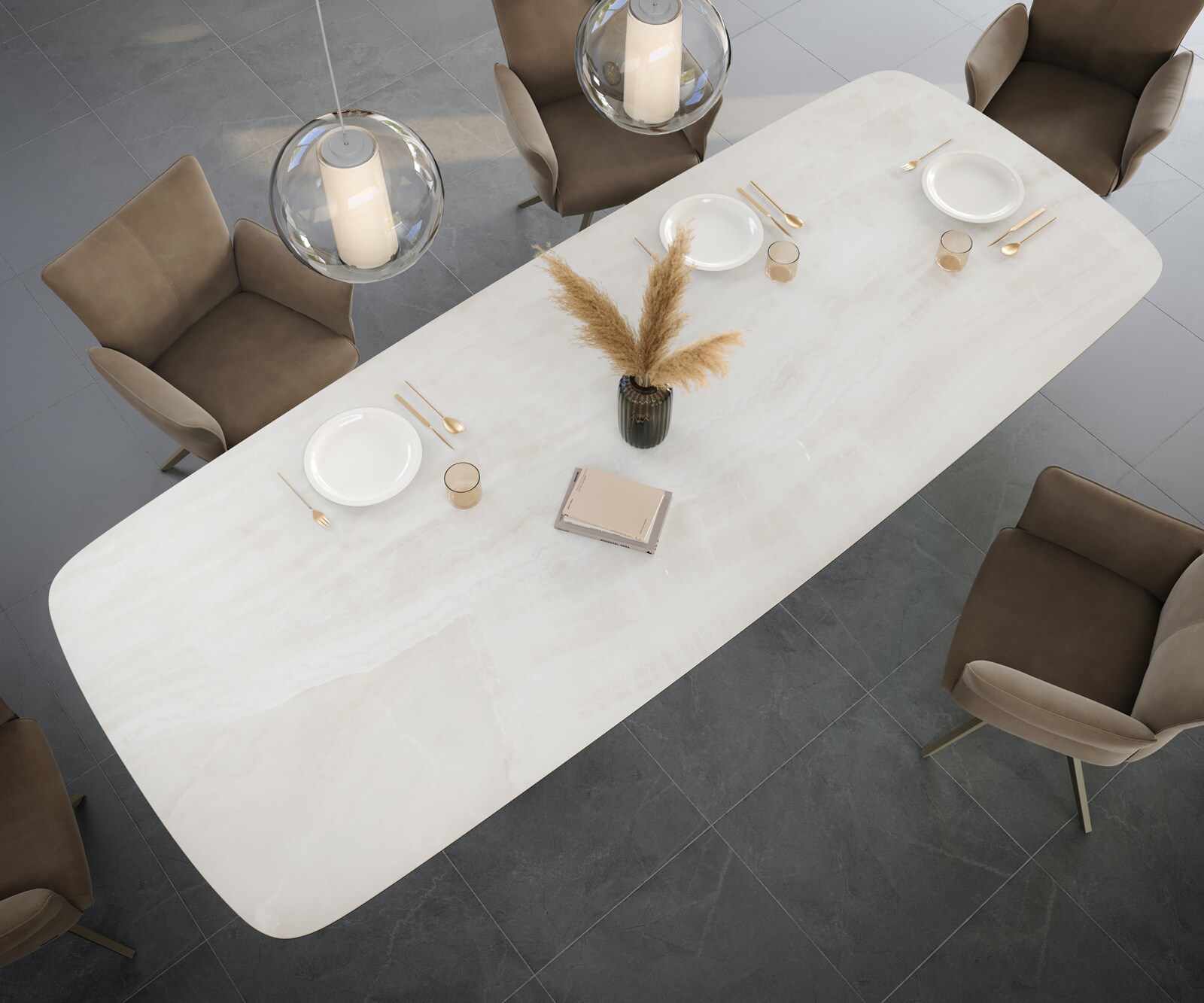 Eettafel Edge Boot 300x120 cm Keramiek Onyx Champagne Zenthara Metaal Effectafwerking Titan 4