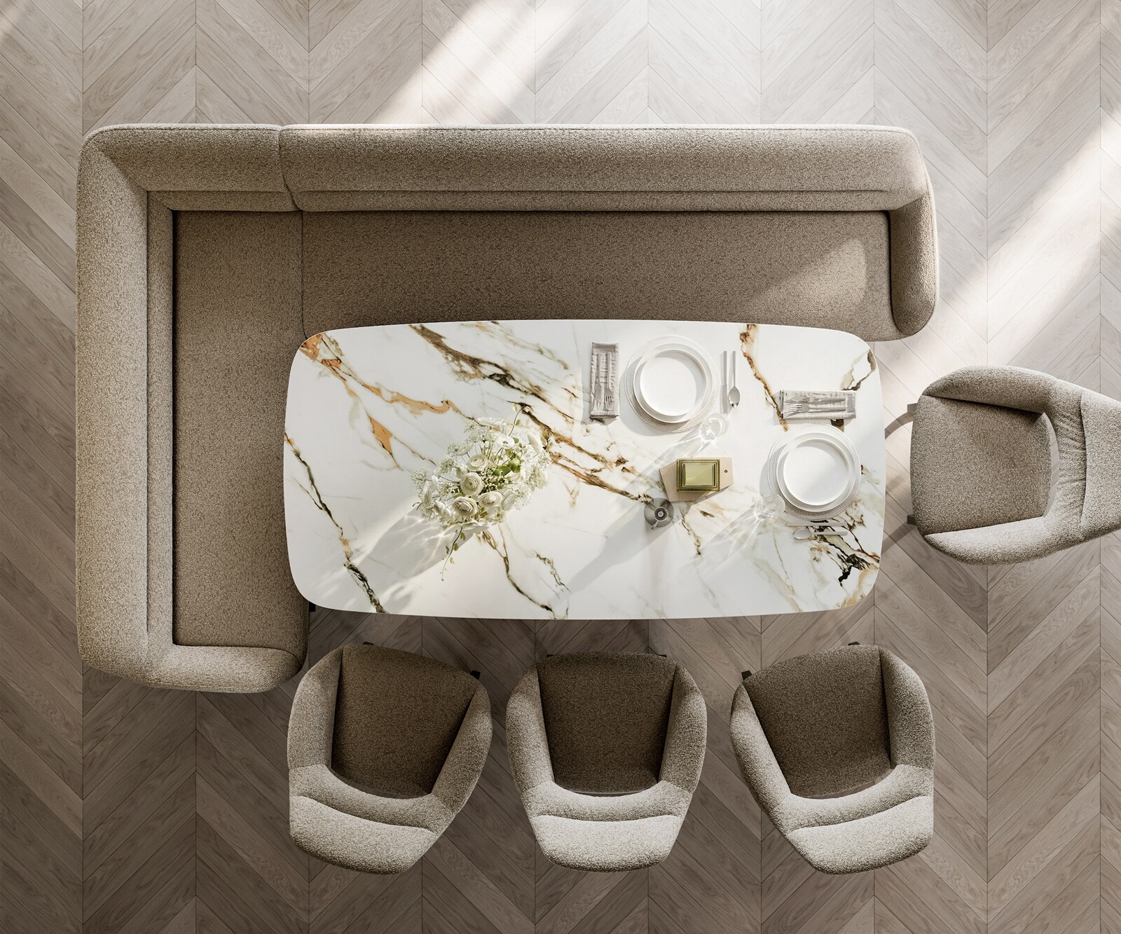 Eetkamerbank Taya-Flex 285x190 cm bouclé mud platte sledebasis zwart pocketvering rechts 6