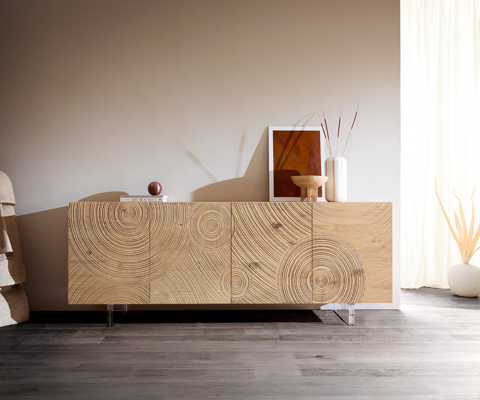 Dressoir Ashara 200 cm eiken natuur 3D-effect 4 deuren zwevende poot acrylglas