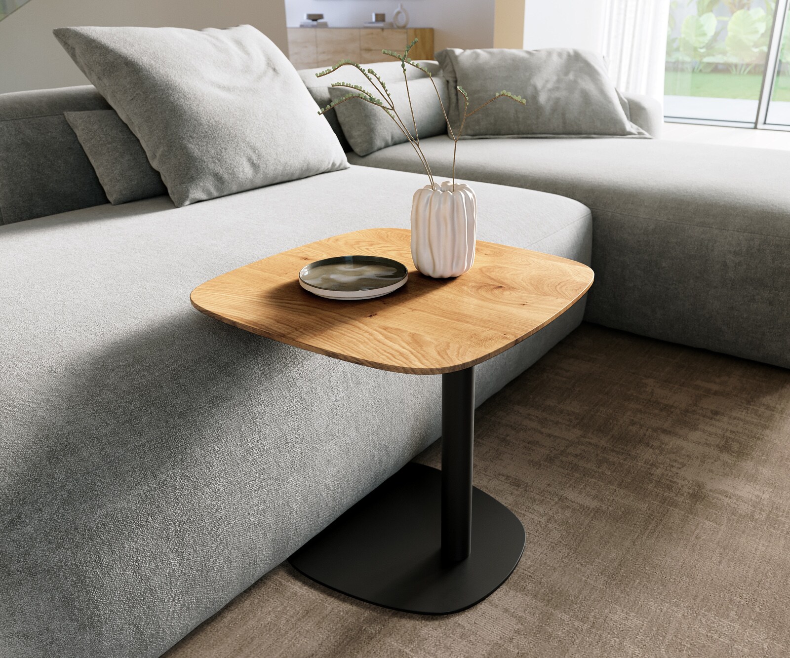 Bijzettafel Edge Boot 50x50 cm Eiken Naturel Zwitserse rand Eleny zwart metaal