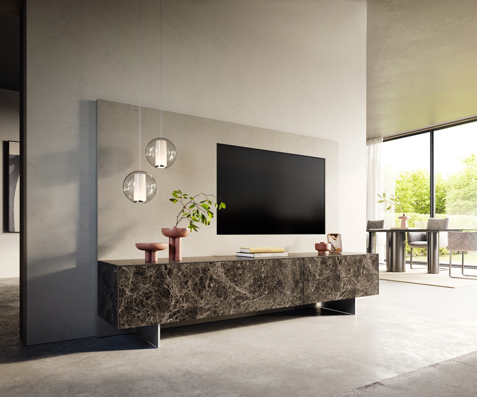 Tv-meubel Cuor 220 cm Keramiek Emperador Extra Lucidato Donkerbruin 1 Flap 2 Laden Zwevende voet look Roestvrij staal