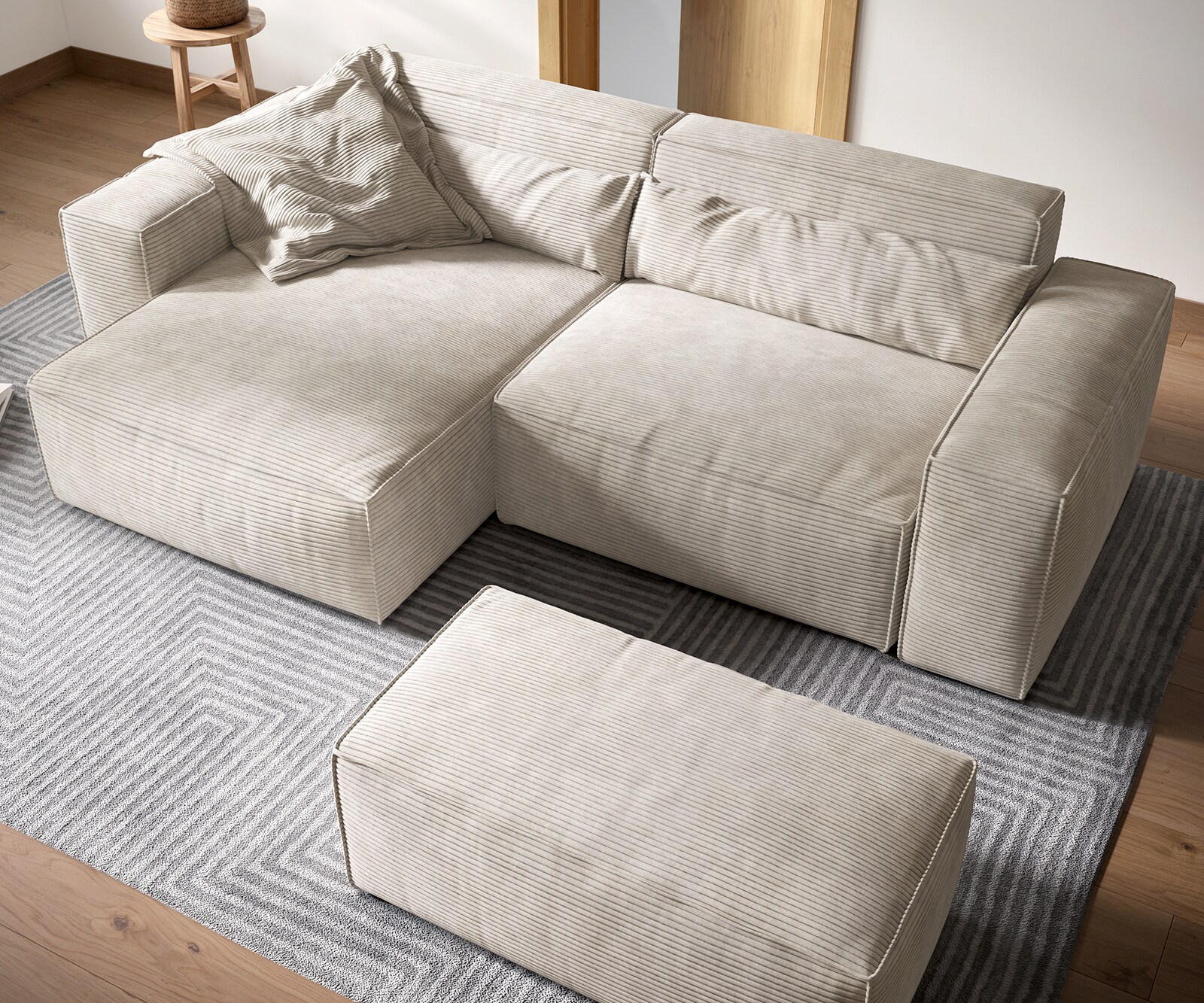 Hoekbank Sirpio XL 270x170 cm koord beige recamiere variabel met kruk 3