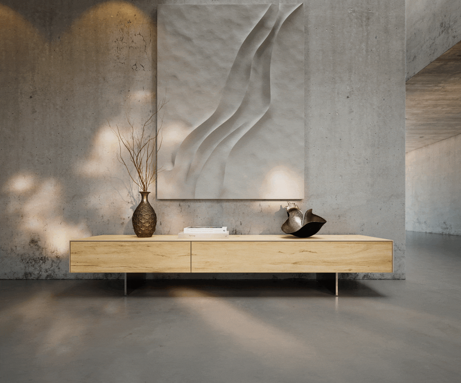 Tv-meubel Cuor 200 cm Keramiek Laminam® Sabbia Eiken gekleurd 1 Flap 1 Lade Zwevende voet look Roestvrij staal 1