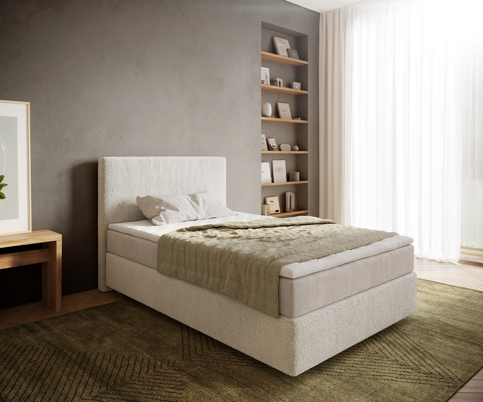 Boxspringbed Dream-Well 120x200 cm Bouclé Crème-Wit met Pocketveringmatras en Topper Visco