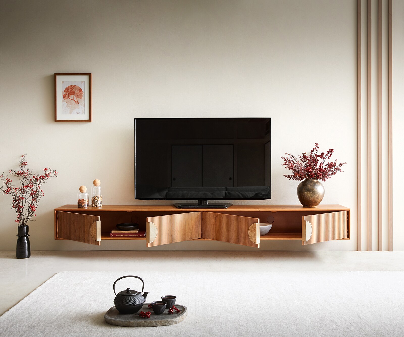 Tv-meubel Surimu 240 cm acacia lichtbruin 4 deuren kurk greep zwevend 4