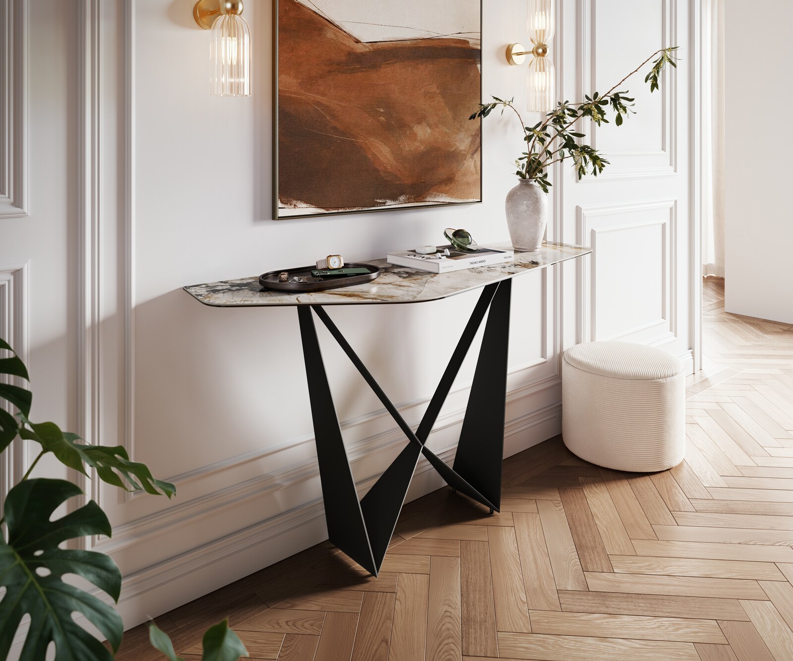 Consoletafel Edge Polygonaal 140x50 cm Keramiek Patagonia Poliert Spios Metaal Zwart 1
