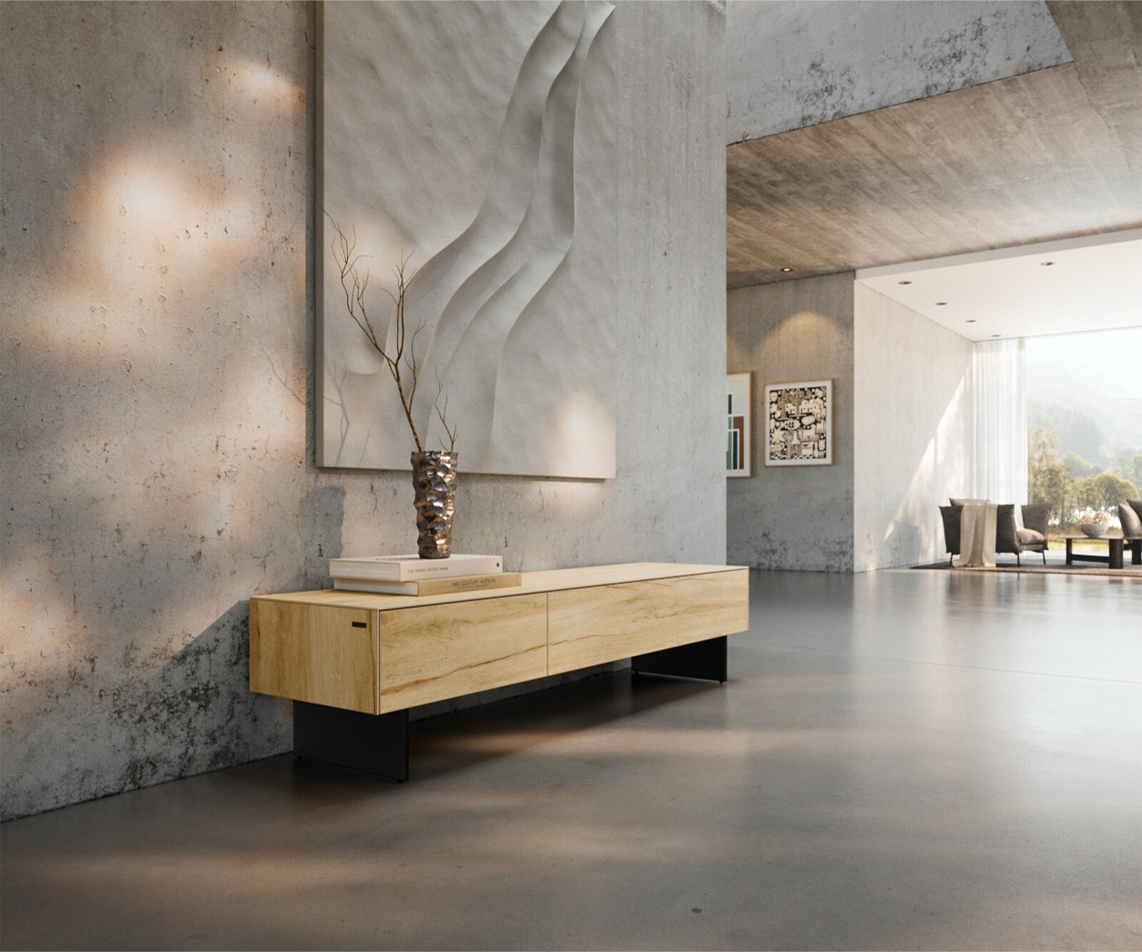 Tv-meubel Cuor 150 cm Keramiek Laminam® Sabbia Eiken gekleurd 1 Flap 1 Lade Zwevende voet look Metaal Zwart