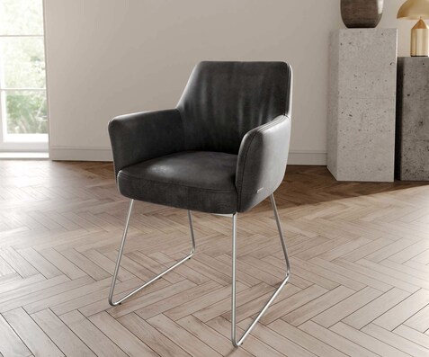 Eetkamerstoel Xana-Flex met armleuning microvelours antraciet vintage slipframe roestvrij staal pocketveer kern