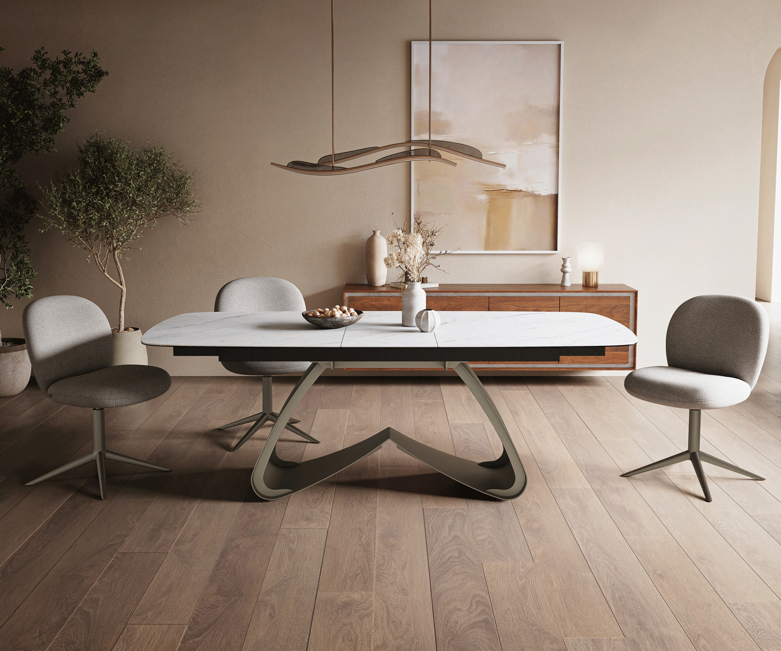 Eettafel Edge Boot 180-220x100 cm Keramiek Laminam® Statuarietto Wit W-onderstel Effectafwerking Titan uitschuifbaar 2