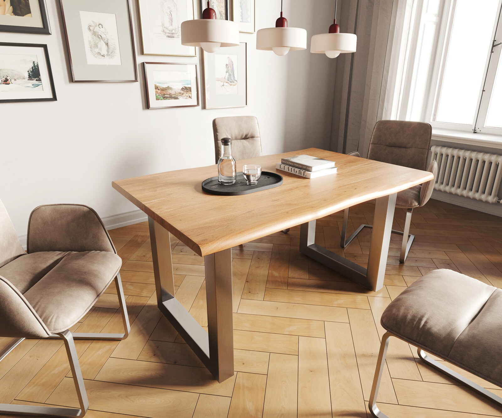 Eettafel Edge 140x90 acacia natuur roestvrijstaal breed Live-Edge