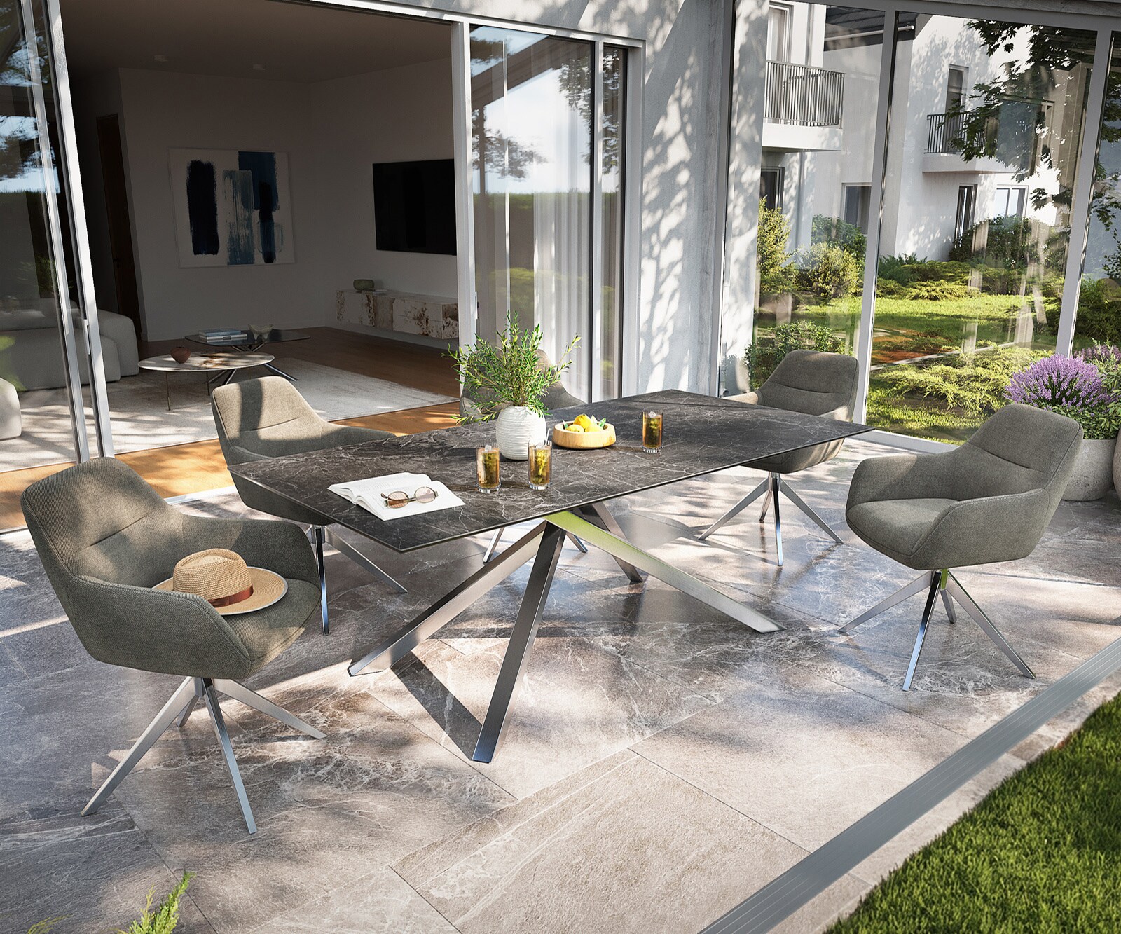 Outdoortafel Edge 200x100 cm keramiek Laminam® Nero Greco antraciet kruispoot rechthoekig roestvrij staal 1
