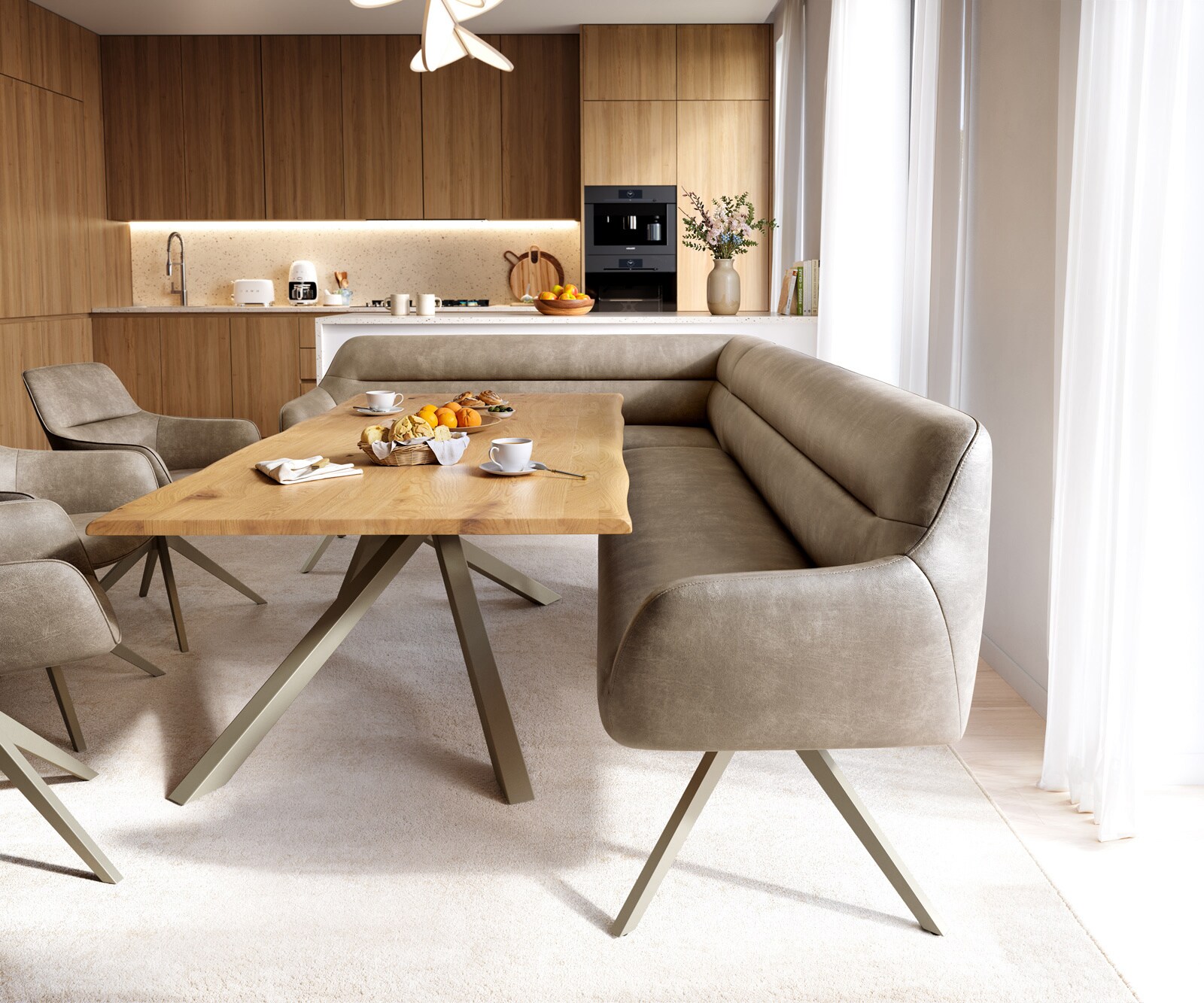 Eetkamerbank Taya-Flex 285x190 cm microvelours beige vintage hoekig kruisframe afwerking met titaniumeffect pocketvering rechts 2
