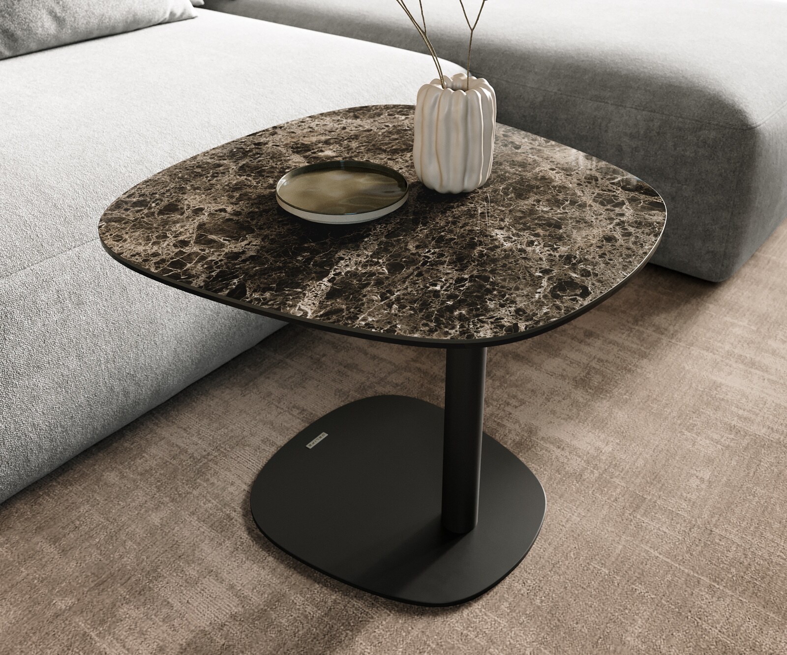 Bijzettafel Edge bootvorm 60x60 cm keramiek Emperador Extra Lucidato donkerbruin Eleny metaal zwart 6
