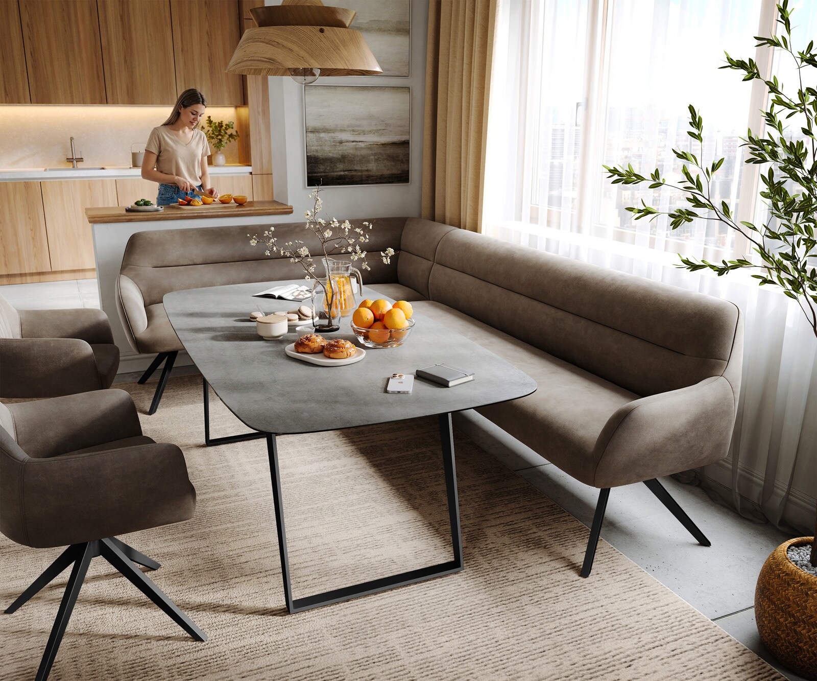 Eetkamerbank Taya-Flex 285x190 cm microvelours taupe vintage hoekig kruisframe zwart pocketvering rechts