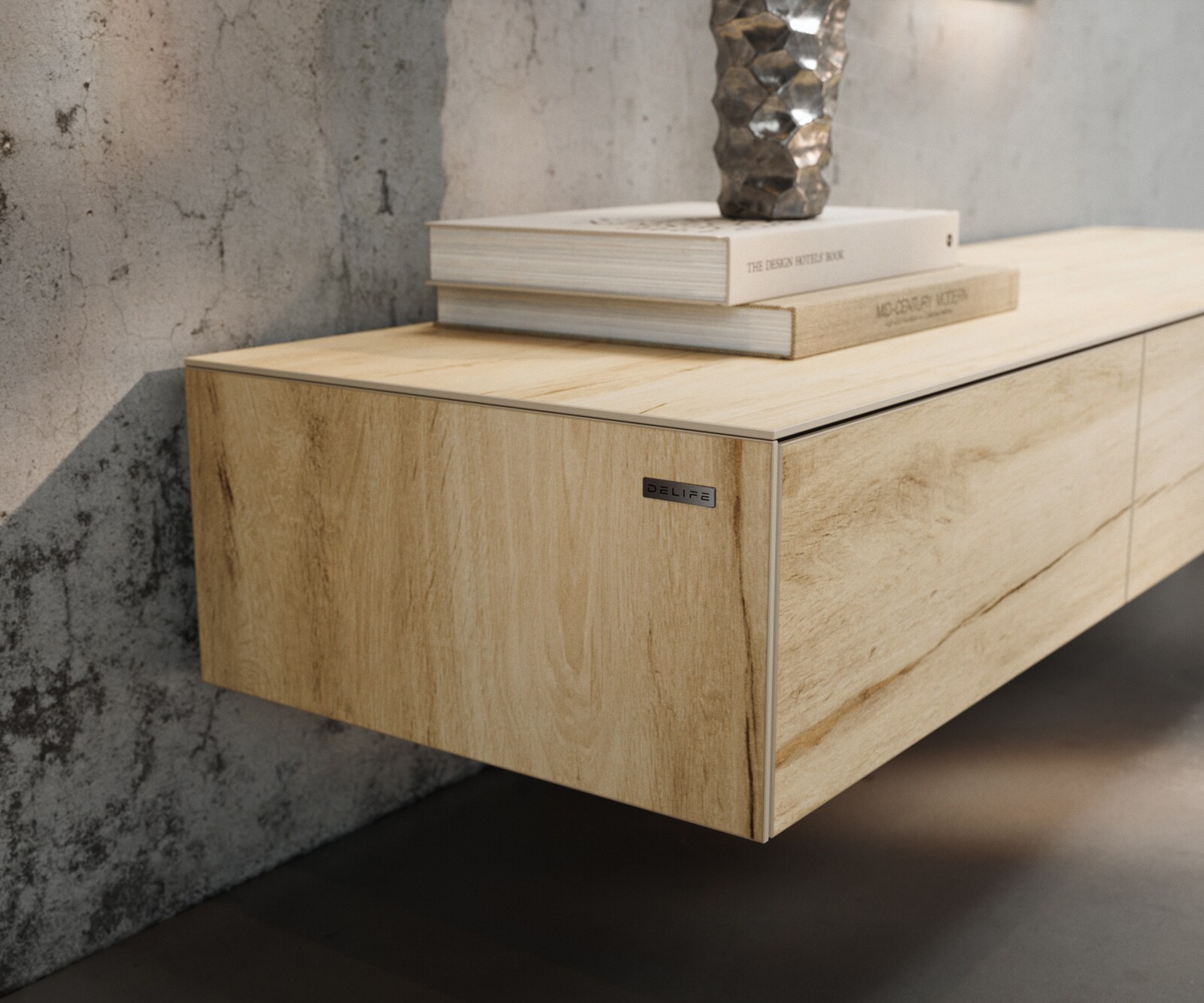 Tv-meubel Cuor 150 cm Keramiek Laminam® Sabbia Eiken gekleurd 1 Flap 1 Lade Zwevende voet look Roestvrij staal 5
