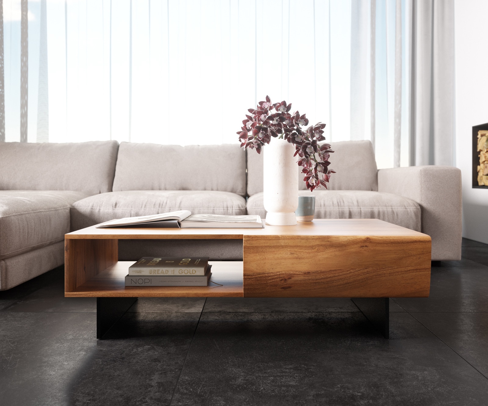 Salontafel New Live-Edge 115x60 cm acacia natuur 2 schuiflade 1 vak poot zwevend metaal zwart  1 Salontafel New Live-Edge 115x60 cm acacia natuur 2 schuiflade 1 vak poot zwevend metaal zwart  1